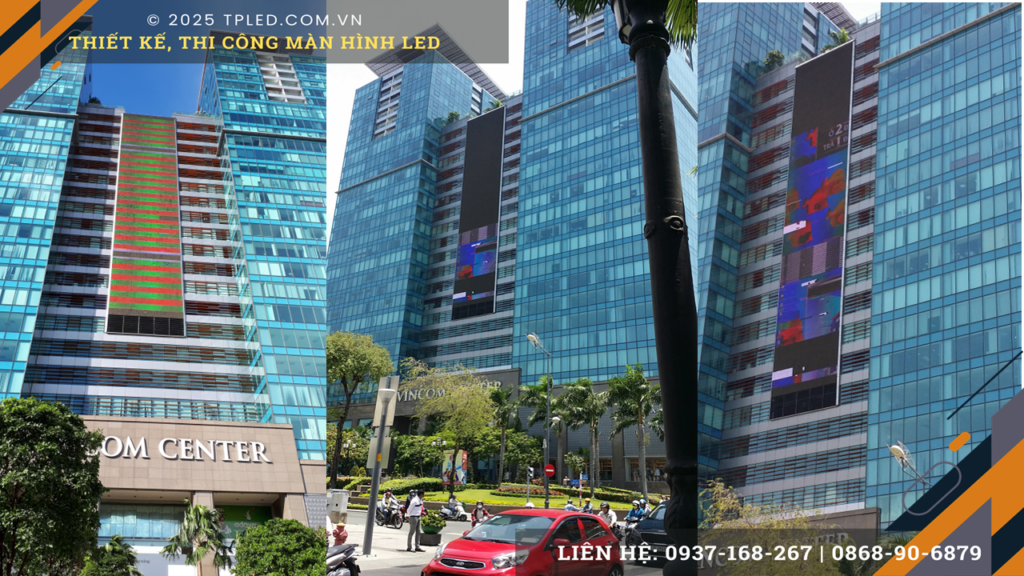 Kỹ thuật viên thi công màn hình LED Outdoor Vincom Đồng Khởi cho nhãn hàng H&M.