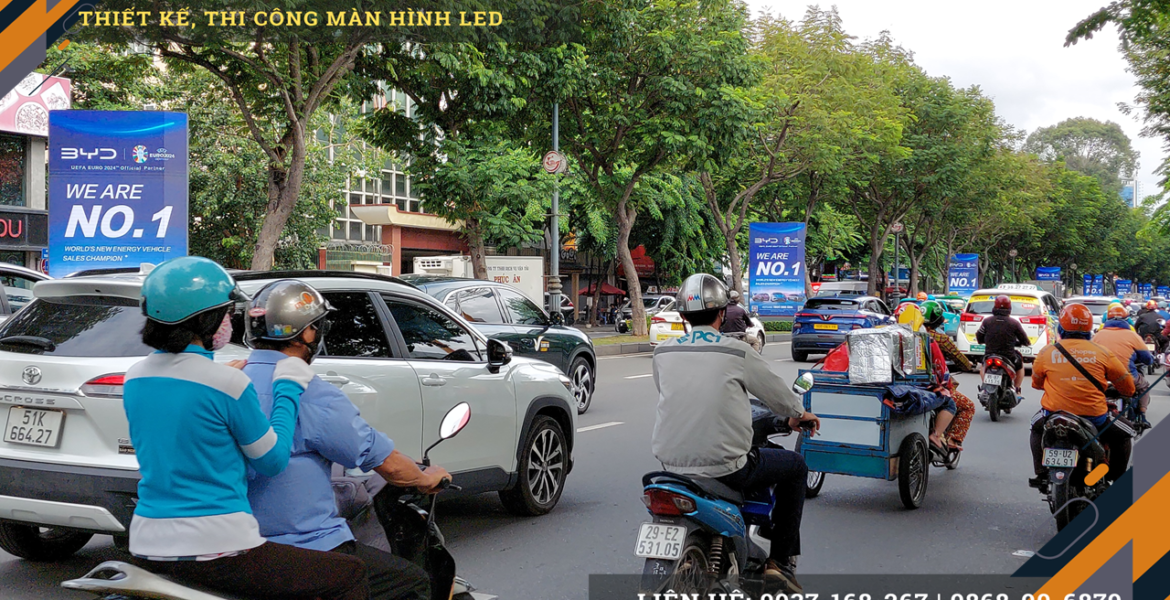 Hệ thống dãy 17 trụ màn hình LED BYD Tân Bình đường Trường Sơn.